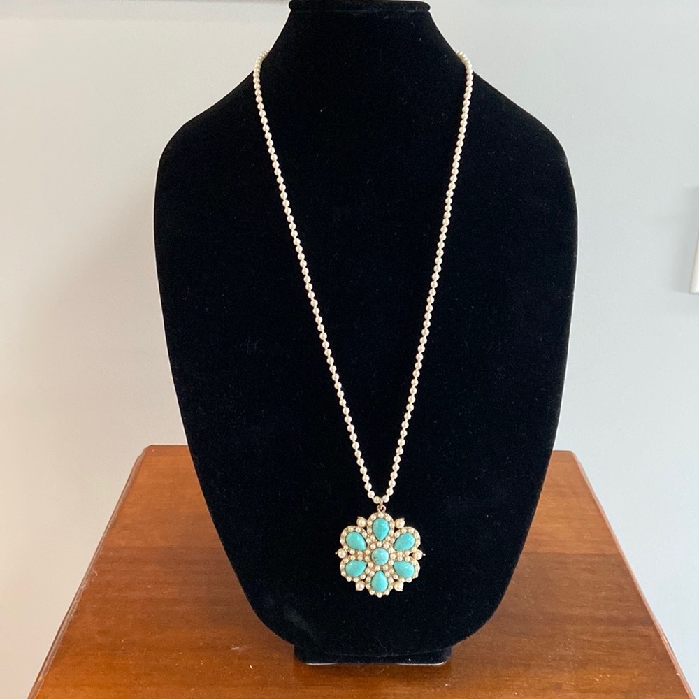 Long Pearl and Turquoise Necklace